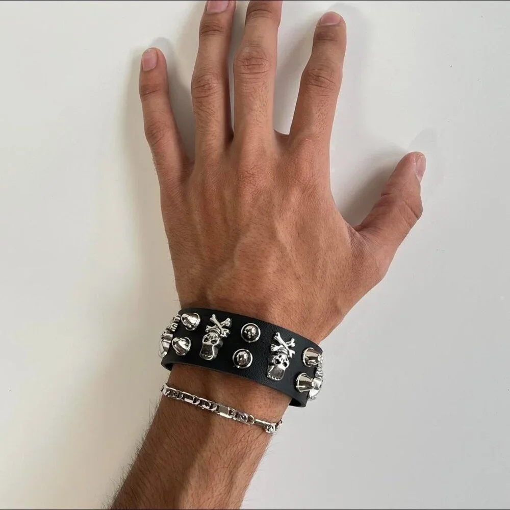 y2k 2000s skeleton spiked grunge punk black studded bracelet